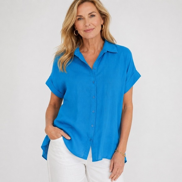 Lauren Ralph Lauren Tops - Lauren Ralph Lauren 100% Linen Button Up Shirt Women L Blue Short Sleeve Classic